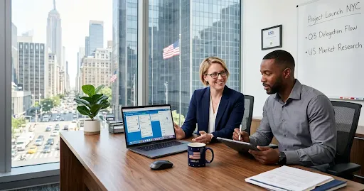 Business owner working with a US-based virtual assistant on scheduling and delegation in a New York office
